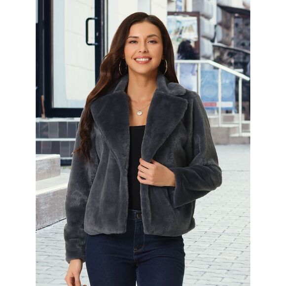 Women's Winter Cropped Jacket Notch Lapel Faux Fur Fluffy Coat Dark Grey - Picture 3 of 5
